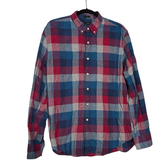 J. Crew Brushed Twill Plaid Flannel Shirt Button Down Red Blue Sz Large Slim Fit - Picture 1 of 8